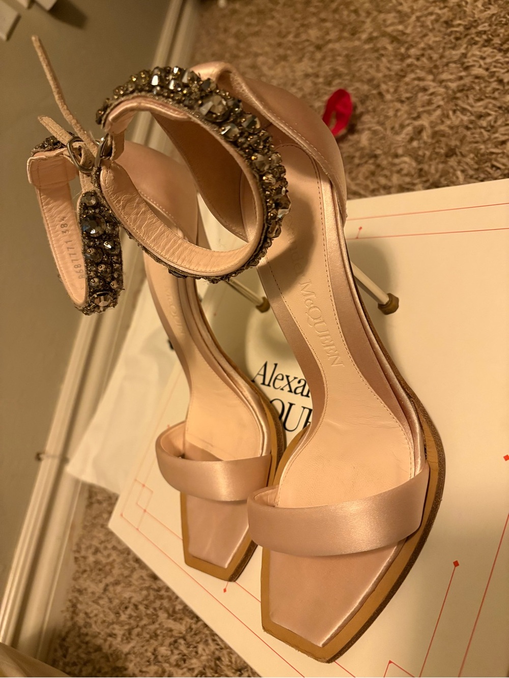 Alexander McQueen Blush Pink Crystal-Ankle Stiletto Sandals